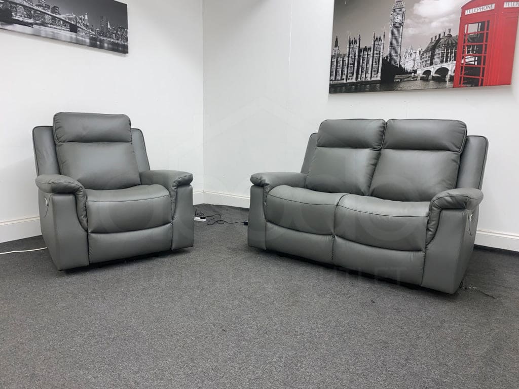 San Antonio Electric Recliner Grey Leather 2 + 1 Seater Sofa Set Sofas