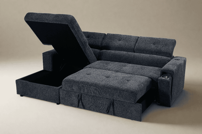 LHF Dark Grey Fabric Sofa Bed + Storage Ottoman + Adjustable Headrests + Drinks Holder + Wireless Charger