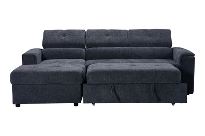 LHF Dark Grey Fabric Sofa Bed + Storage Ottoman + Adjustable Headrests + Drinks Holder + Wireless Charger