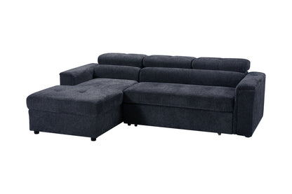 LHF Dark Grey Fabric Sofa Bed + Storage Ottoman + Adjustable Headrests + Drinks Holder + Wireless Charger
