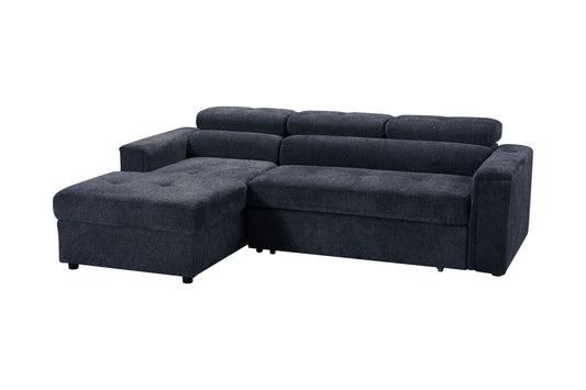 LHF Dark Grey Fabric Sofa Bed + Storage Ottoman + Adjustable Headrests + Drinks Holder + Wireless Charger