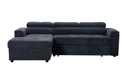 LHF Dark Grey Fabric Sofa Bed + Storage Ottoman + Adjustable Headrests + Drinks Holder + Wireless Charger