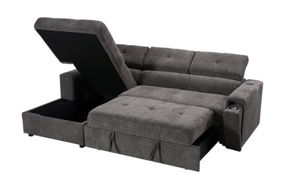 LHF Dark Grey Fabric Sofa Bed + Storage Ottoman + Adjustable Headrests + Drinks Holder + Wireless Charger