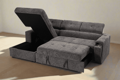 LHF Dark Grey Fabric Sofa Bed + Storage Ottoman + Adjustable Headrests + Drinks Holder + Wireless Charger