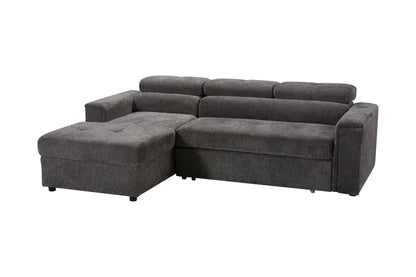 LHF Dark Grey Fabric Sofa Bed + Storage Ottoman + Adjustable Headrests + Drinks Holder + Wireless Charger