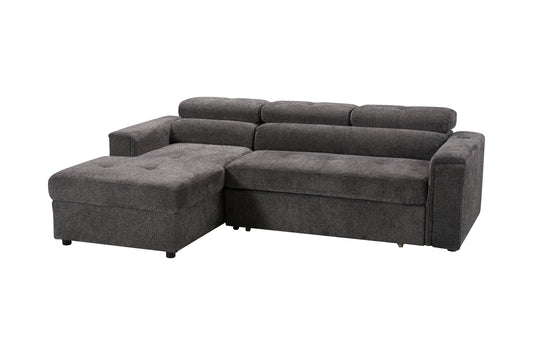 "Heatons" SOFA BED - Grey Fabric Corner Sofa / Sofa Bed LHF With Storage Ottoman + Adjustable Headrests + Drinks Holder + Wireless Charger + Drinks Holder