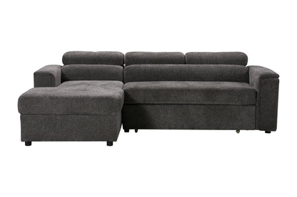 LHF Dark Grey Fabric Sofa Bed + Storage Ottoman + Adjustable Headrests + Drinks Holder + Wireless Charger