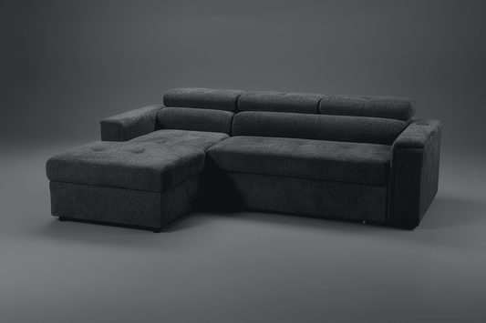 "Heatons" CORNER SOFA BED In Dark Grey Fabric LHF With Storage Ottoman + Adjustable Headrests