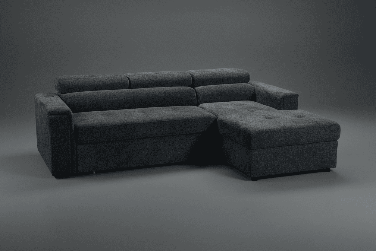 "Jeff" SOFA BED In Dark Grey Fabric Corner Sofa / Sofa Bed RHF With Storage Ottoman + Adjustable Headrests + Drinks Holder + Wireless Charger + Drinks Holder