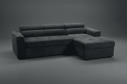 "Jeff" SOFA BED In Dark Grey Fabric Corner Sofa / Sofa Bed RHF With Storage Ottoman + Adjustable Headrests + Drinks Holder + Wireless Charger + Drinks Holder