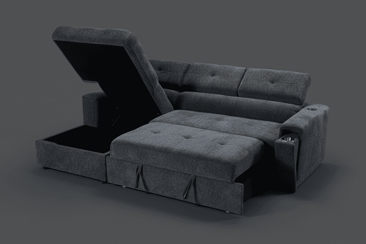 "Heatons" CORNER SOFA BED In Dark Grey Fabric LHF With Storage Ottoman + Adjustable Headrests