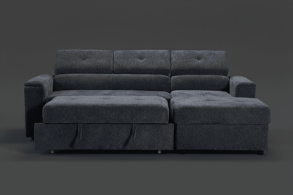 "Jeff" SOFA BED In Dark Grey Fabric Corner Sofa / Sofa Bed RHF With Storage Ottoman + Adjustable Headrests + Drinks Holder + Wireless Charger + Drinks Holder