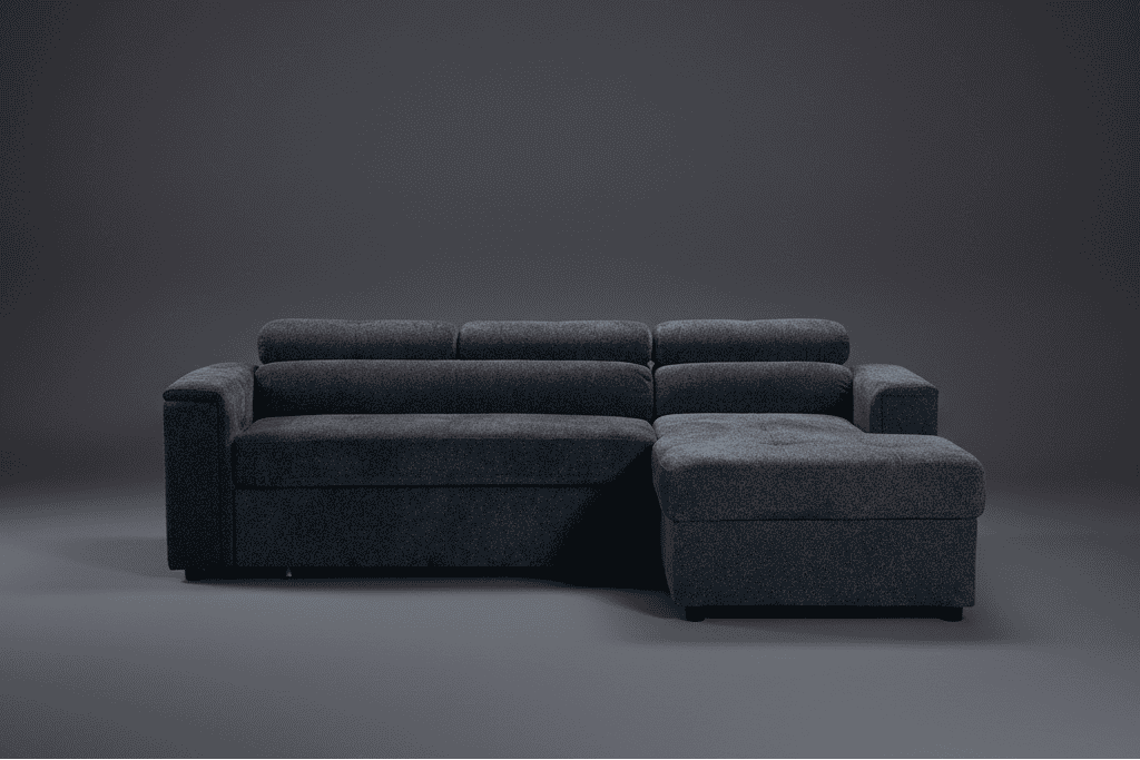 "Jeff" SOFA BED In Dark Grey Fabric Corner Sofa / Sofa Bed RHF With Storage Ottoman + Adjustable Headrests + Drinks Holder + Wireless Charger + Drinks Holder