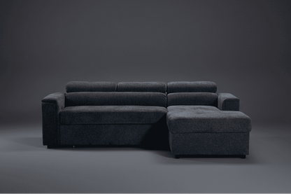 "Jeff" SOFA BED In Dark Grey Fabric Corner Sofa / Sofa Bed RHF With Storage Ottoman + Adjustable Headrests + Drinks Holder + Wireless Charger + Drinks Holder