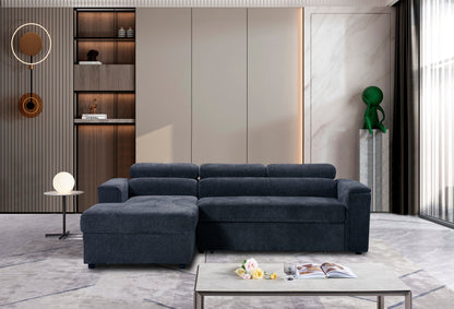LHF Dark Grey Fabric Sofa Bed + Storage Ottoman + Adjustable Headrests + Drinks Holder + Wireless Charger