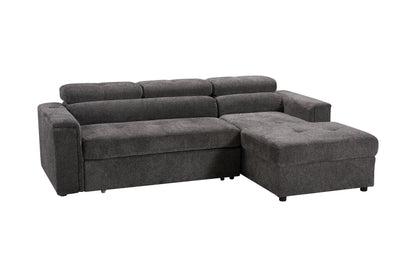 RHF Grey Fabric Sofa Bed + Storage Ottoman + Adjustable Headrests + Drinks Holder + Wireless Charger