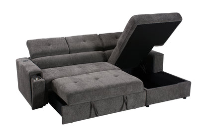 RHF Grey Fabric Sofa Bed + Storage Ottoman + Adjustable Headrests + Drinks Holder + Wireless Charger
