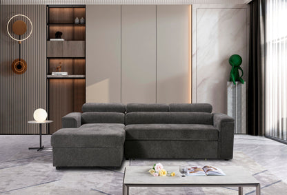 LHF Dark Grey Fabric Sofa Bed + Storage Ottoman + Adjustable Headrests + Drinks Holder + Wireless Charger