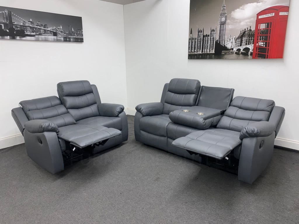 Landos Manual Recliner Grey Leather 3 + 2 Seater Dfs Sofa Set Sofas