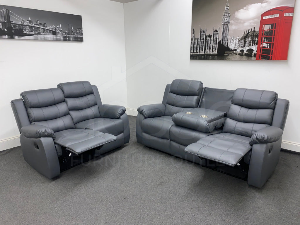 Landos Manual Recliner Grey Leather 3 + 2 Seater Dfs Sofa Set Sofas