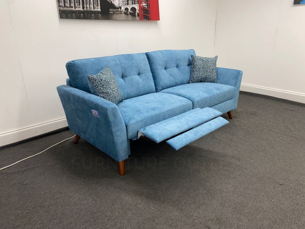 Studio French Connection Electric Recliner Blue Plush Velvet Fabric 3 Seater 2 & Armchair Sofa Set