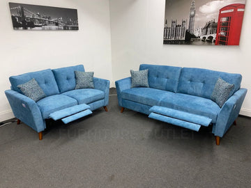 Studio French Connection Electric Recliner Blue Plush Velvet Fabric 3 Seater 2 & Armchair Sofa Set