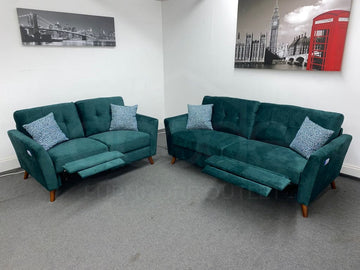 Studio French Connection Electric Recliner Green Plush Velvet Fabric 3 Seater 2 & Armchair Sofa Set