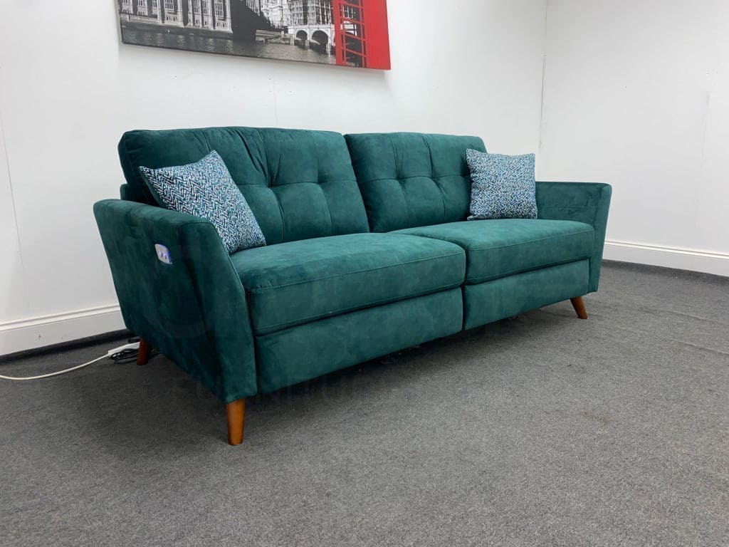 Studio French Connection Electric Recliner Green Plush Velvet Fabric 3 Seater 2 & Armchair Sofa Set