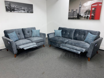 Studio French Connection Electric Recliner Grey Plush Velvet Fabric 3 Seater 2 & Armchair Sofa Set