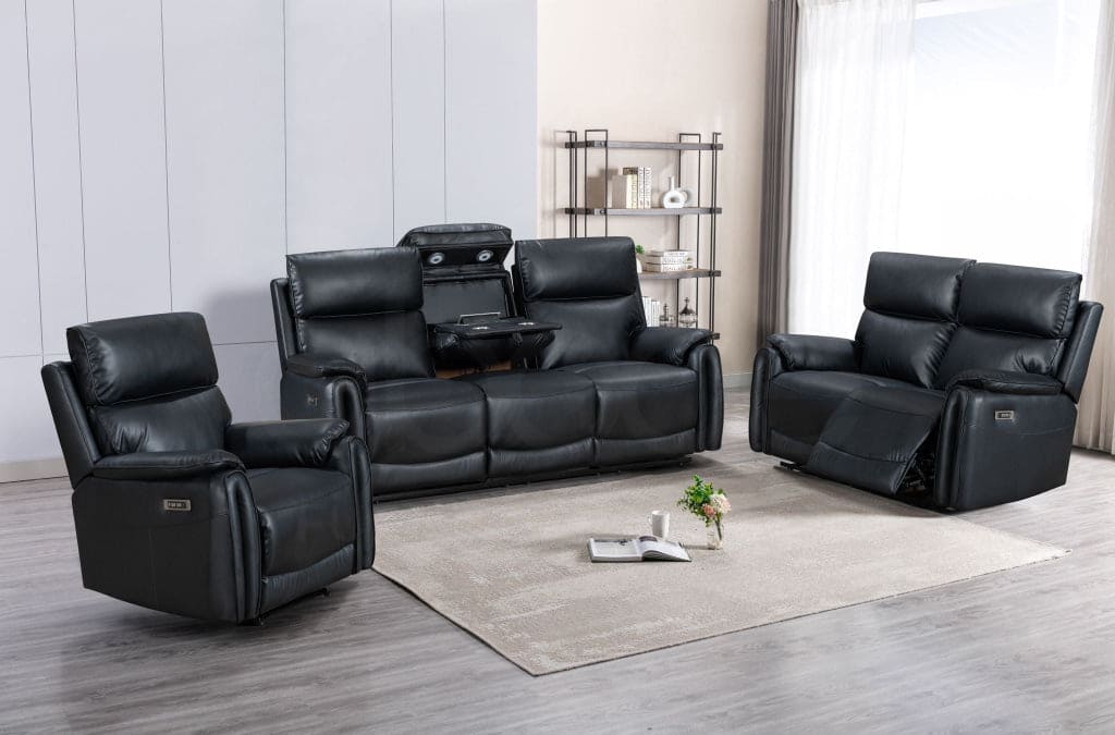 Supreme Black Leather Electric / Power Reclining 3 Seater 2 & Armchair Sofa Suite Set