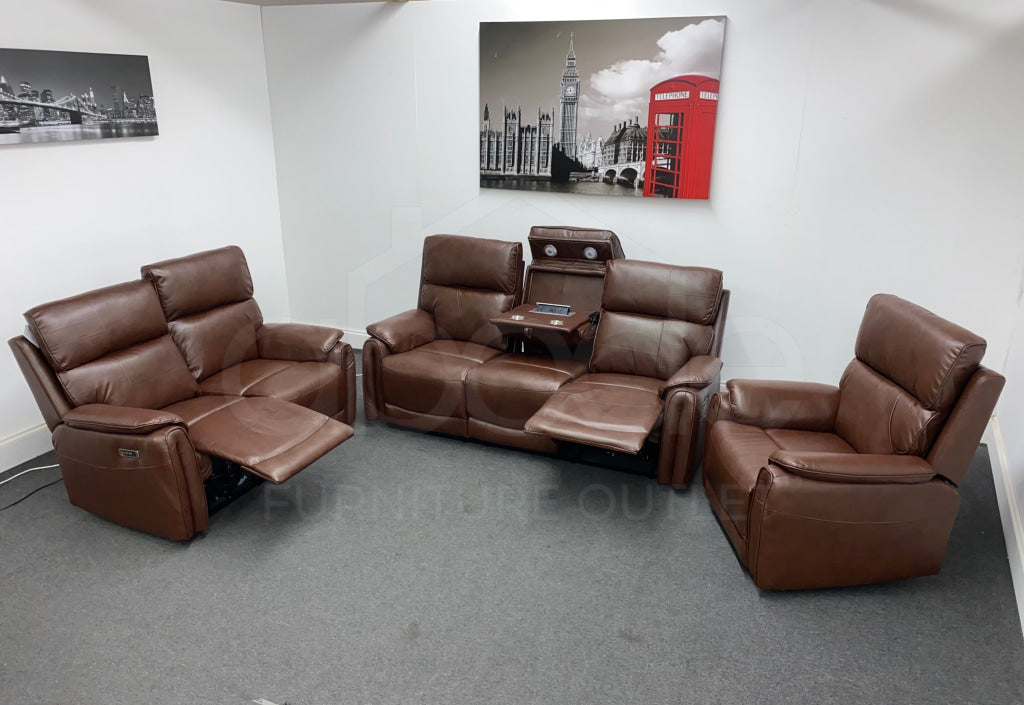 Supreme Brown Leather Electric / Power Reclining 3 Seater 2 & Armchair Sofa Suite Set