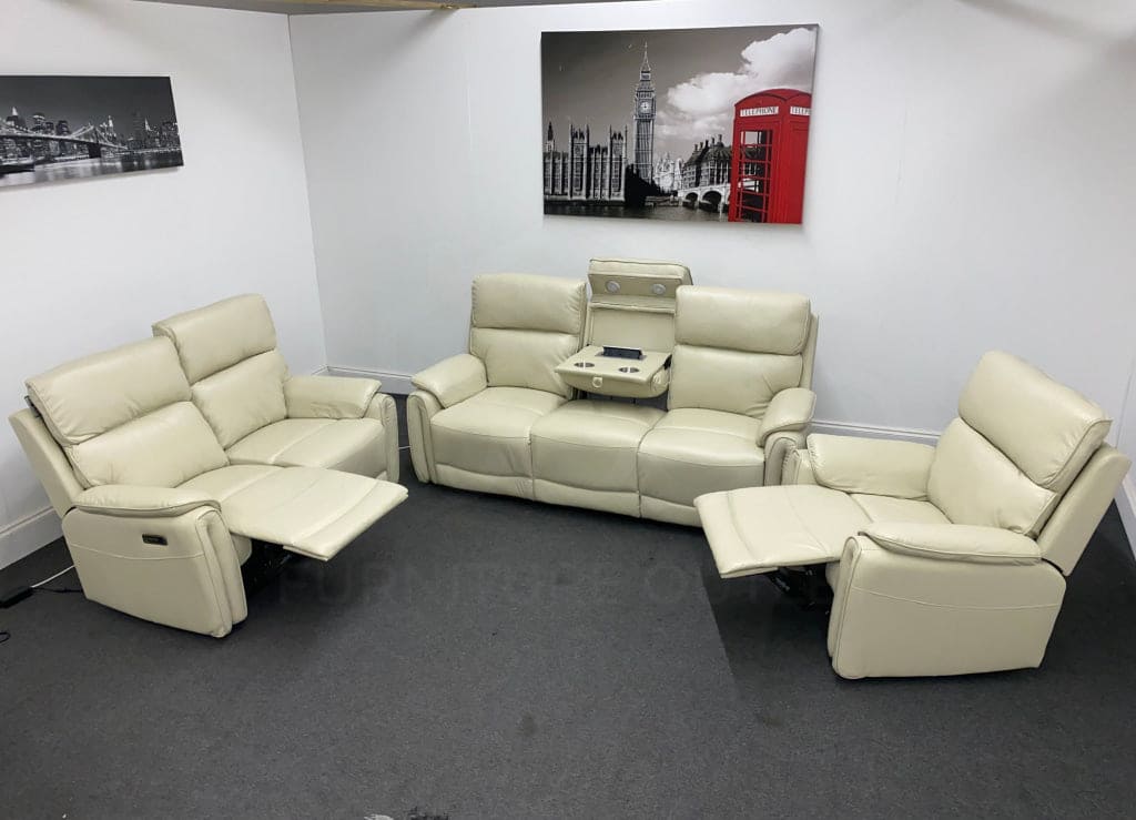 Supreme Cream Leather Electric / Power Reclining 3 Seater 2 & Armchair Sofa Suite Set