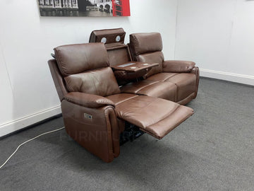 Supreme Power Recliner Brown Leather 3 Seater Sofa - Drinks Tray Table Sofas