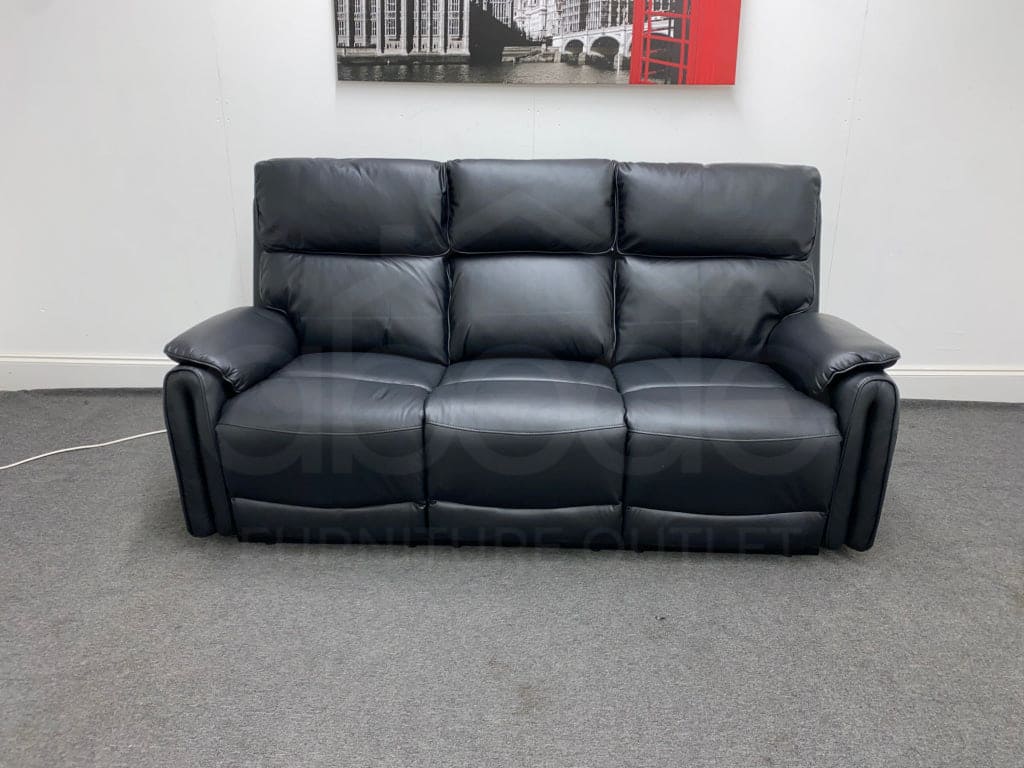 Supreme Power Recliner Black Leather 3 Seater Sofa - Drinks Tray Table Sofas