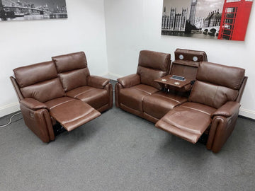 Supreme Power Recliner Brown Leather 3 + 2 Seater Dfs Sofa Set - Drinks Tray Table Sofas