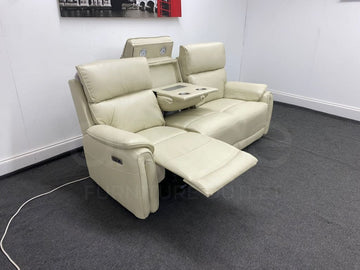 Supreme Power Recliner Cream Leather 3 Seater Sofa - Drinks Tray Table Sofas