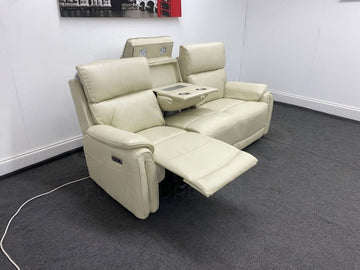 Supreme Power Recliner Cream Leather 3 Seater Sofa - Drinks Tray Table Sofas