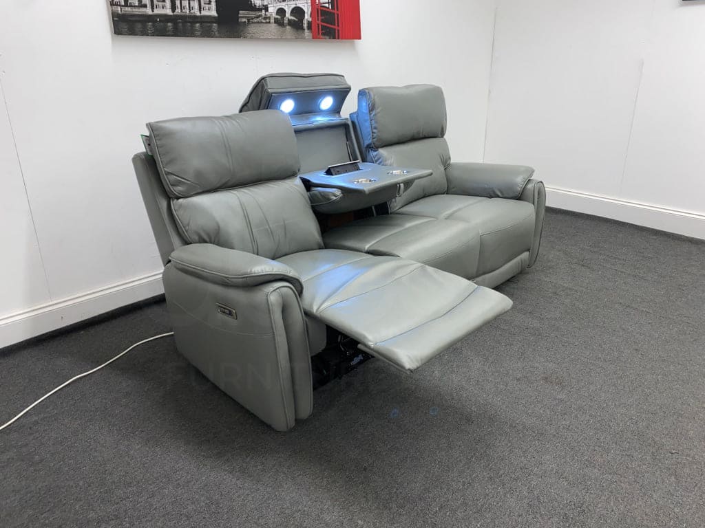 Supreme Power Recliner Grey Leather 3 Seater Sofa - Drinks Tray Table Sofas