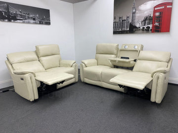 Supreme Power Recliner Cream Leather 3 + 2 Seater Dfs Sofa Set - Drinks Tray Table Sofas