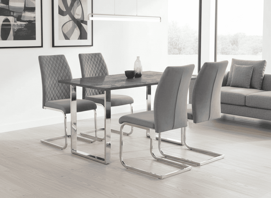 This Whole Dining Set - TKYO 1.2m Slate Effect Dining Table + 4 Grey Plush Velvet Chairs