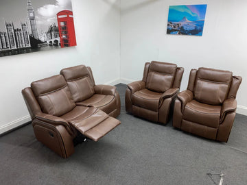 Vinson Brown Leather Recliner 2 Seater + Armchairs Sofa Set Sofas